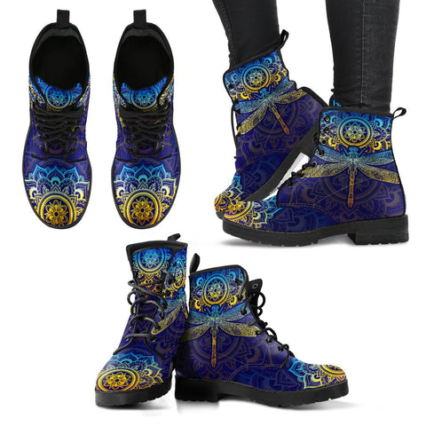 Image of Mandala Dragonfly Women's Vegan Leather Boots, Lace,Up Bohemian Hippie Style,