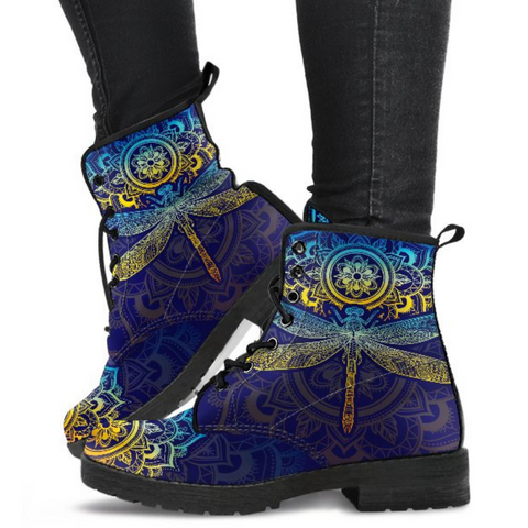 Image of Mandala Dragonfly Women's Vegan Leather Boots, Lace,Up Bohemian Hippie Style,
