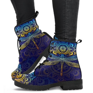 Mandala Dragonfly Women's Vegan Leather Boots, Lace,Up Bohemian Hippie Style,