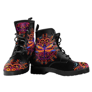Mandala Dragonfly Multi,Coloured Vegan Leather Boots for Women, Combat Style,