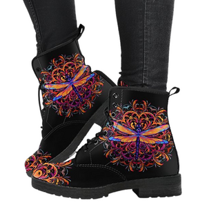 Mandala Dragonfly Multi,Coloured Vegan Leather Boots for Women, Combat Style,