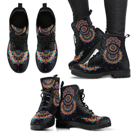 Image of Women's Vegan Leather Boots, Colorful Floral Mandala Design, Hippie