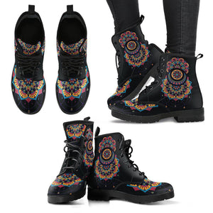 Women's Vegan Leather Boots, Colorful Floral Mandala Design, Hippie
