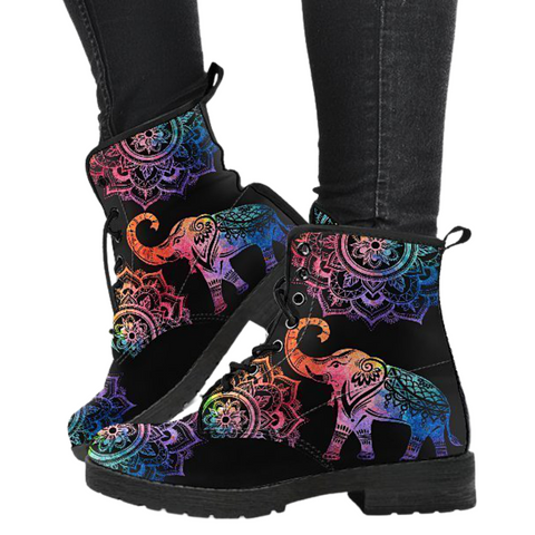 Image of Mandala Elephant Women's Ankle Boots , Boho Chic, Vegan Leather, Handcrafted,