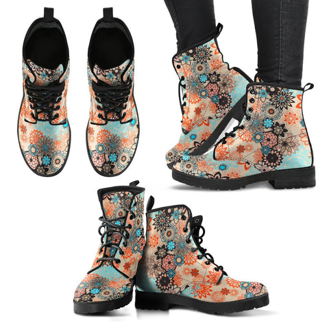 Image of Mandala Flower Women's Vegan Leather Lace,Up Boots, Handcrafted Boho Hippie