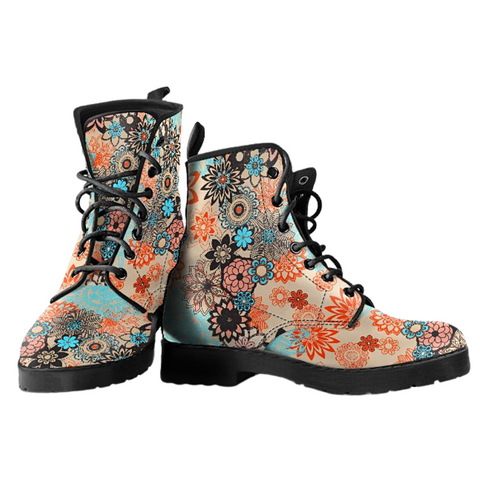 Image of Mandala Flower Women's Vegan Leather Lace,Up Boots, Handcrafted Boho Hippie