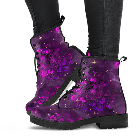 Image of Galactic Mandala Women's Vegan Leather Boots, Rainbow Winter Shoes,