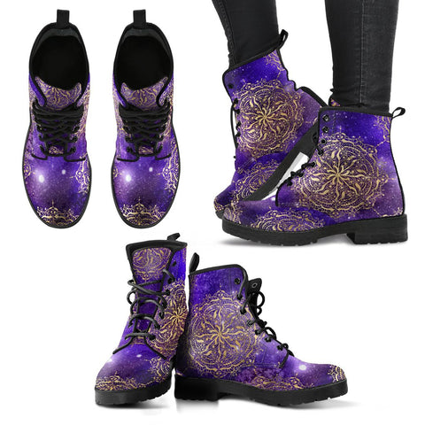 Image of Mandala Galaxy Stars Women's Vegan Leather Boots, Rainbow Winter Shoes,