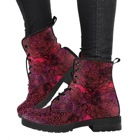 Image of Mandala Design Women's Vegan Leather Boots, Handcrafted Lace Up Ankle Boots,