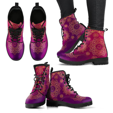 Image of Women's Vegan Leather Boots, Purple Violet Mandala Spiritual Design, Handmade Hippie Rain Footwear, Stylish Streetwear Fashion