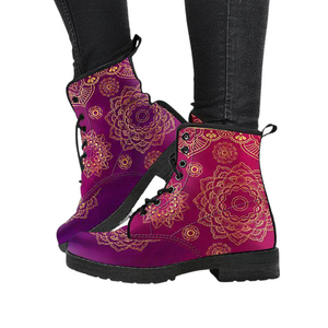 Women's Vegan Leather Boots, Purple Violet Mandala Spiritual Design, Handmade Hippie Rain Footwear, Stylish Streetwear Fashion