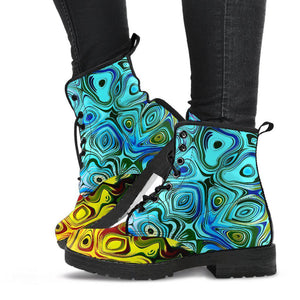 Colorful Swirls Abstract Women's Vegan Leather Boots, Hippie Combat Shoes,