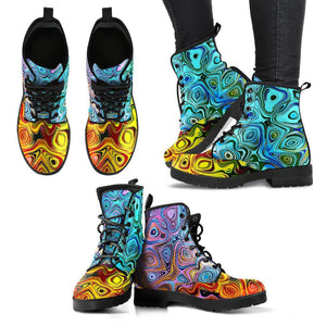 Colorful Swirls Abstract Women's Vegan Leather Boots, Hippie Combat Shoes,
