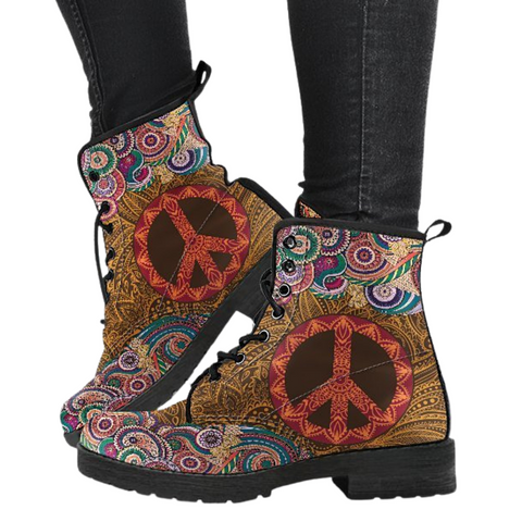 Image of Mandala Peace Bohemian Women's Boots , Vegan Leather Ankle Boots, Handcrafted,