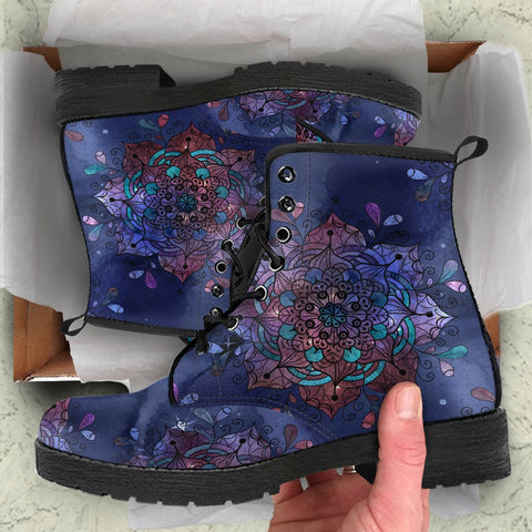 Image of Mandala Women's Vegan Leather Boots, Handcrafted Rainbow Winter Shoes, Stylish