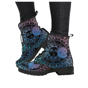 Women's Purple Sun Moon Mandala Astrology Vegan Leather Boots , Handcrafted