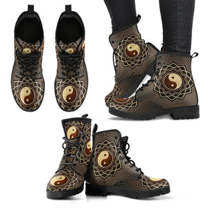 Yin Yang Mandala Women's Leather Boots, Vegan Leather Ankle Boots, Handcrafted