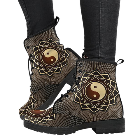 Image of Yin Yang Mandala Women's Leather Boots, Vegan Leather Ankle Boots, Handcrafted