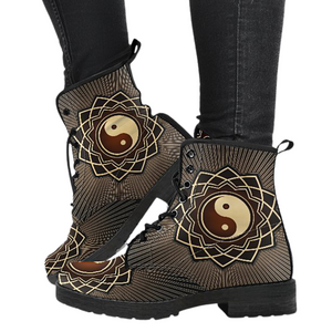 Yin Yang Mandala Women's Leather Boots, Vegan Leather Ankle Boots, Handcrafted