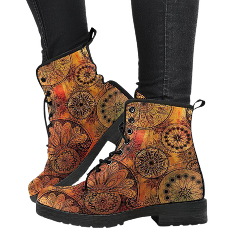 Image of Mandala Boho Women's Leather Boots, Vegan, Multi,Coloured, Combat Style,
