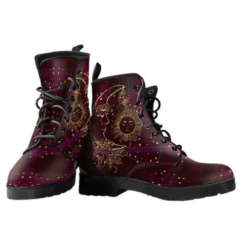 Image of Maroon Sun & Moon Women's Vegan Leather Lace,Up Boots, Handcrafted Boho Hippie