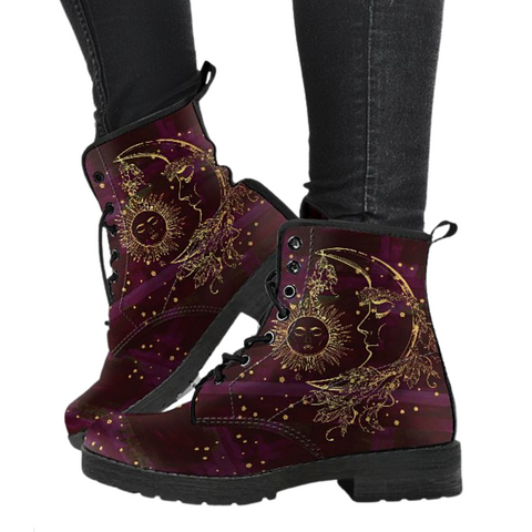 Image of Maroon Sun & Moon Women's Vegan Leather Lace,Up Boots, Handcrafted Boho Hippie