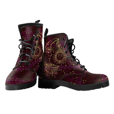Image of Maroon Sun And Moon Women's Vegan Leather Boots, Handcrafted Premium Boots,
