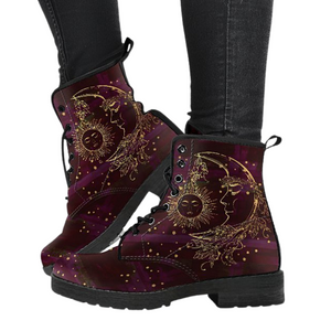 Maroon Sun And Moon Women's Vegan Leather Boots, Handcrafted Premium Boots,