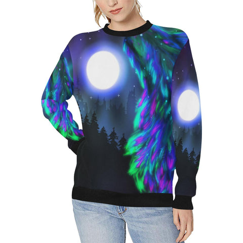 Image of Midnight Howling Moon Wolf Womens Sweatshirt, Crew Neck Sweater, Pullover