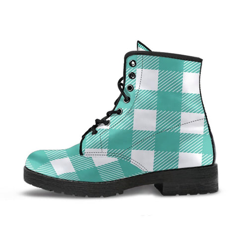 Image of Mint & White Plaid Design: Women's Vegan Leather Boots, Handcrafted Ankle Boots,