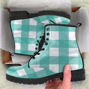 Mint & White Plaid Design: Women's Vegan Leather Boots, Handcrafted Ankle Boots,