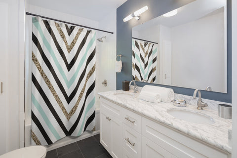 Image of Mint Black Multicolored Chevron Shower Curtains, Water Proof Bath Decor | Spa |