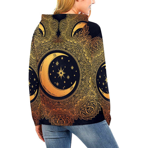 Image of Moon And Stars Mandala Hippie,Hoodie,Custom Printed, Handmade,Floral Colorful Feathers, Floral, Colorful Hoodies