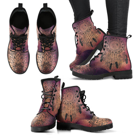 Image of Women's Vegan Leather Boots, Brown Dream Catcher Design, Hippie