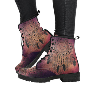 Women's Vegan Leather Boots, Brown Dream Catcher Design, Hippie