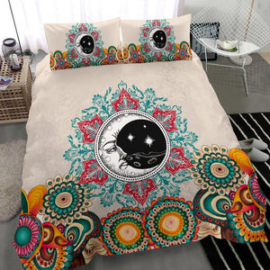 Moon Mandala Colorful Beige Bedding Set, Doona Cover, Bedding Coverlet, Printed Duvet Cover, Bed Room, Comforter Cover, Twin Duvet Cover