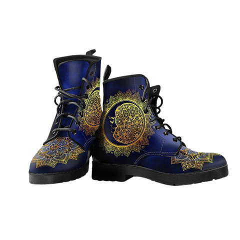 Image of Women's Dark Blue Moon Sun Mandala Vegan Leather Boots , Astronomy, Astrology,