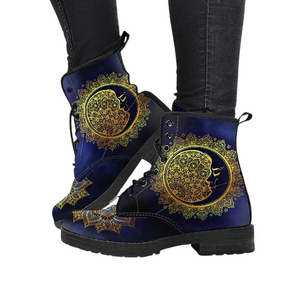 Women's Dark Blue Moon Sun Mandala Vegan Leather Boots , Astronomy, Astrology,