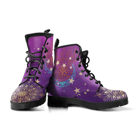 Image of Purple Sun Moon Mandala Women's Vegan Leather Boots, Handmade Winter Rainbow Footwear