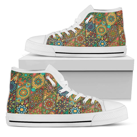 Image of Mosaic Mandala Colorful Canvas Shoes,High Quality, High Quality,Handmade Crafted, Boho,All Star,Custom Shoes,Womens High Top,Bright Colorful