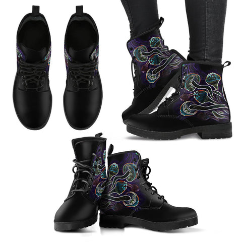 Image of Electric Mushroom, Multicolor Vegan Leather Women's Boots, Lace,Up Hippie Boho