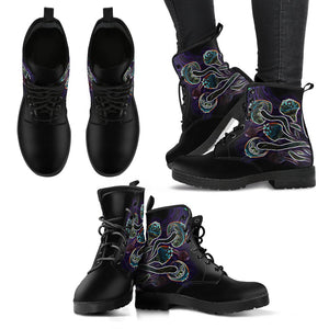 Electric Mushroom, Multicolor Vegan Leather Women's Boots, Lace,Up Hippie Boho