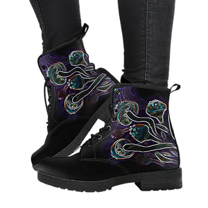 Electric Mushroom, Multicolor Vegan Leather Women's Boots, Lace,Up Hippie Boho