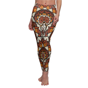 Multicolored Burnt Orange Floral Mandala Women's Cut & Sew Casual Leggings, Yoga