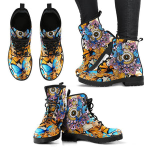 Women’s Vegan Leather Boots , Blue/Orange Butterfly Mandala Clock ,
