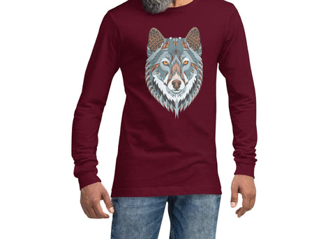 Image of Multicolored Ethnic Tribal Wolf Unisex Long Sleeve Tee, Super Soft & Comfy Long