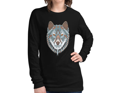 Multicolored Ethnic Tribal Wolf Unisex Long Sleeve Tee, Super Soft & Comfy Long