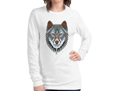 Multicolored Ethnic Tribal Wolf Unisex Long Sleeve Tee, Super Soft & Comfy Long