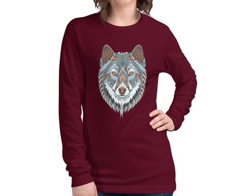 Image of Multicolored Ethnic Tribal Wolf Unisex Long Sleeve Tee, Super Soft & Comfy Long