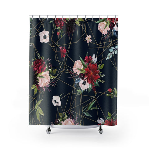 Image of Multicolored Flower Geometric Gold Navy Shower Curtains, Water Proof Bath Decor